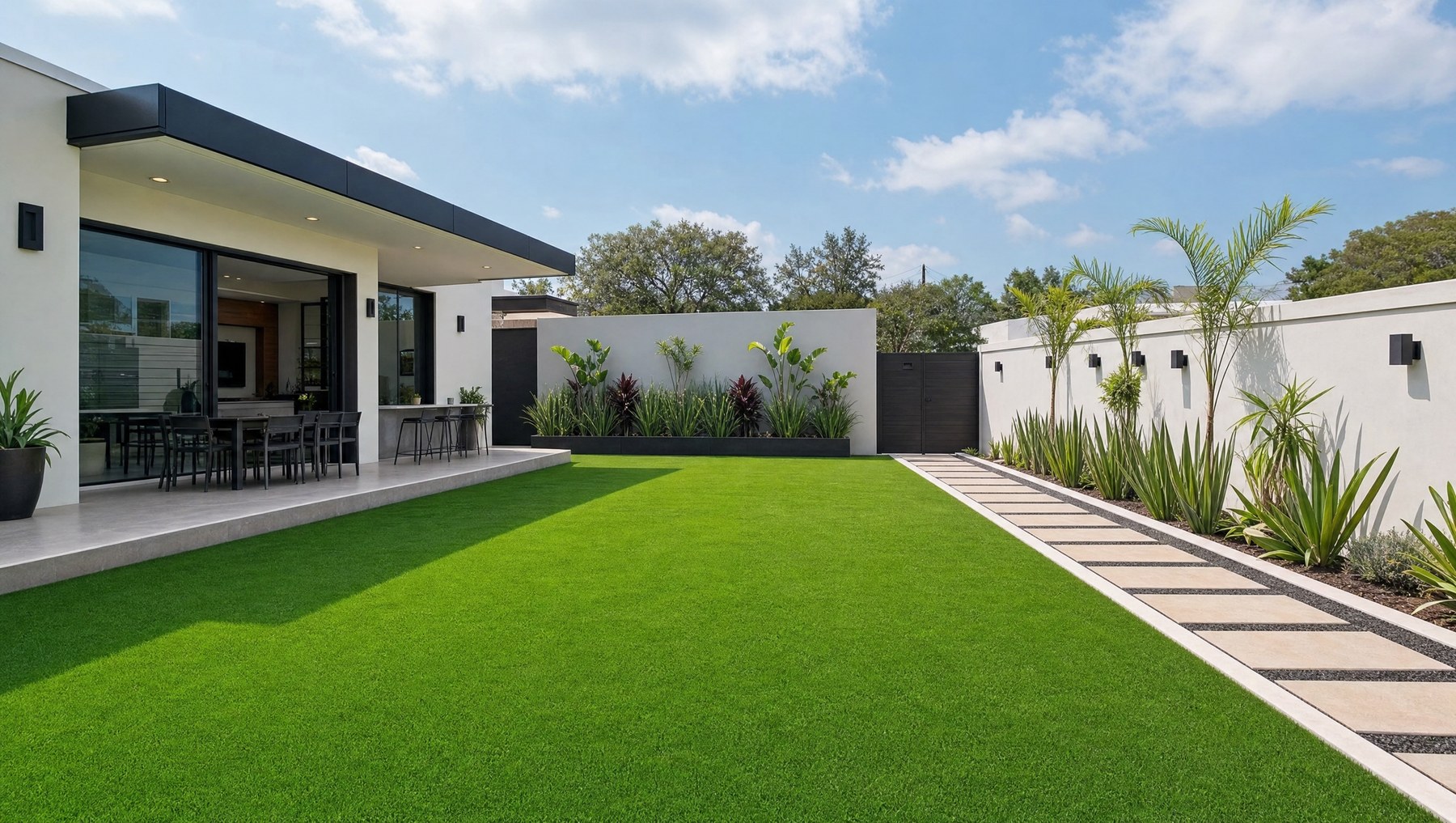 Jardín residencial moderno con pasto sintético EasyGarden — terraza, andador y palmeras en San Pedro Garza García, NL